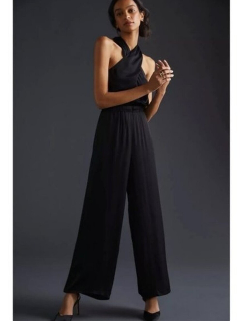 Anthropologie Dolan Left Coast Satin Halter Jumpsuit in black,